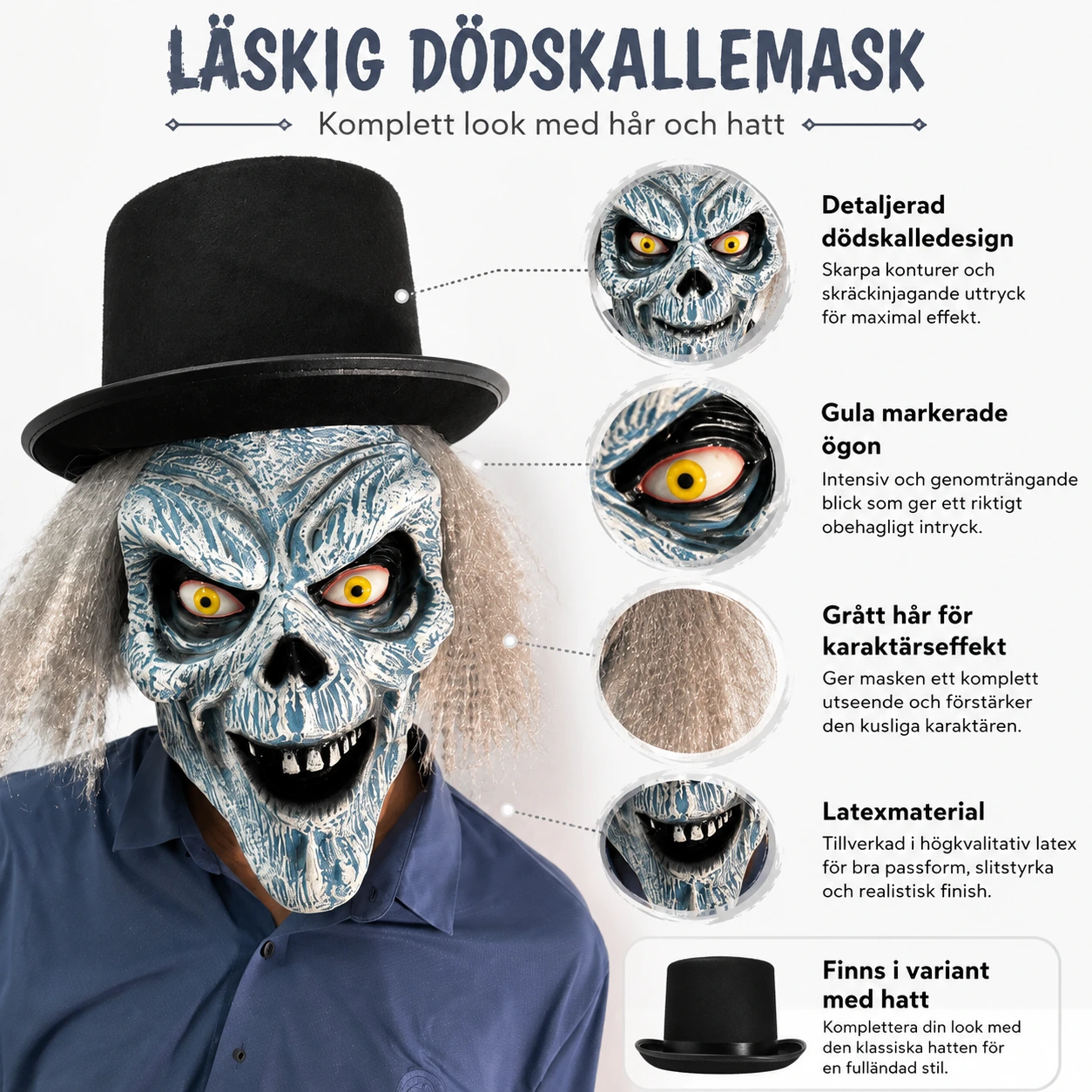 Halloweenmask med dödskalle för maskerad och cosplay