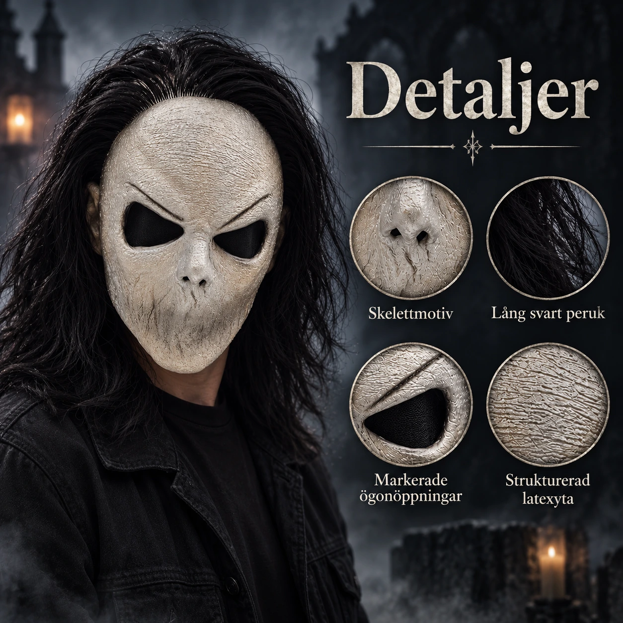 Mask vuxen skelett i latex med svart peruk