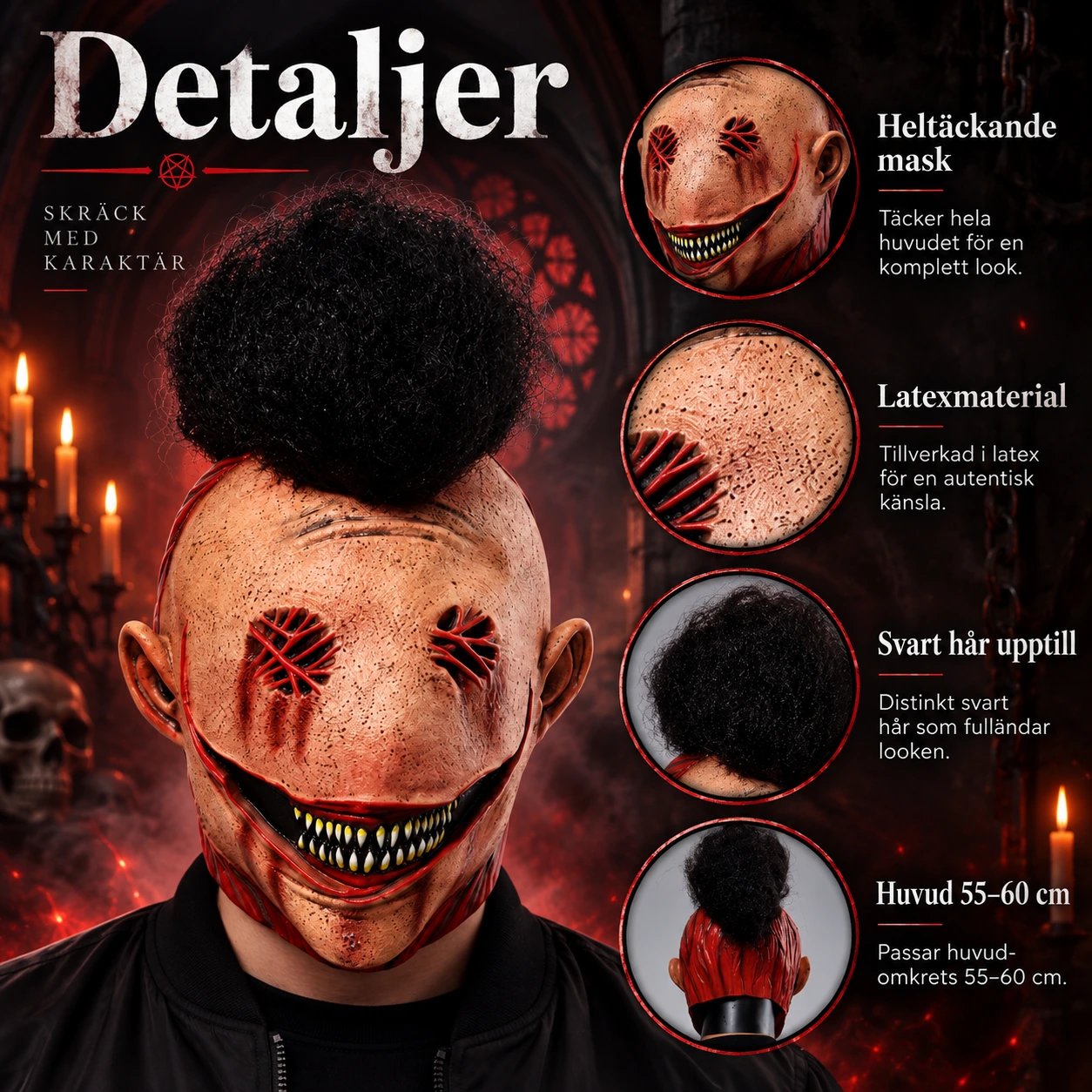 Mask djävulskalle i latex med svart hår