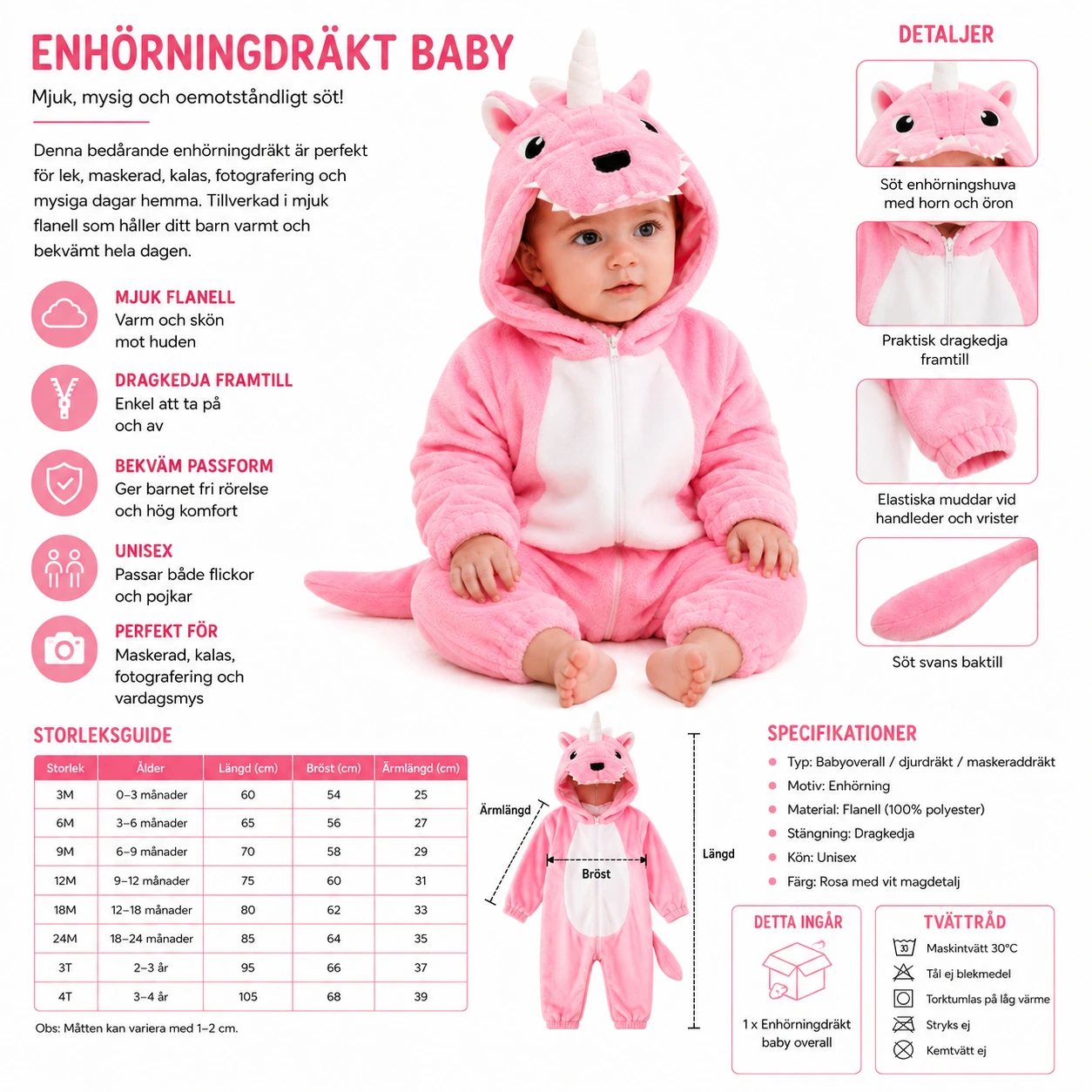 Enhorningdräkt Baby – Rosa Flanelloverall med Huva