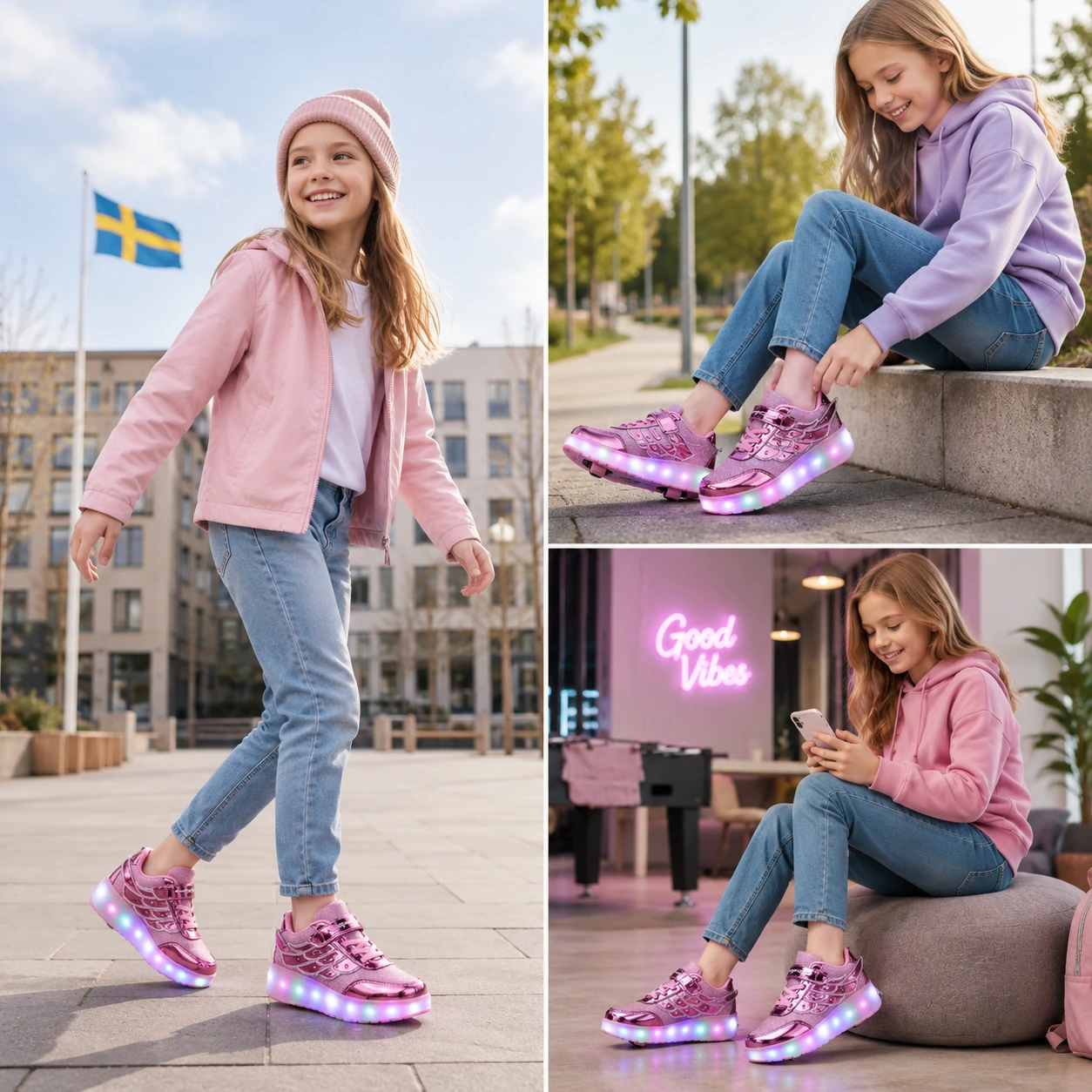 Rullskor Rosa med LED – Avtagbara Hjul
