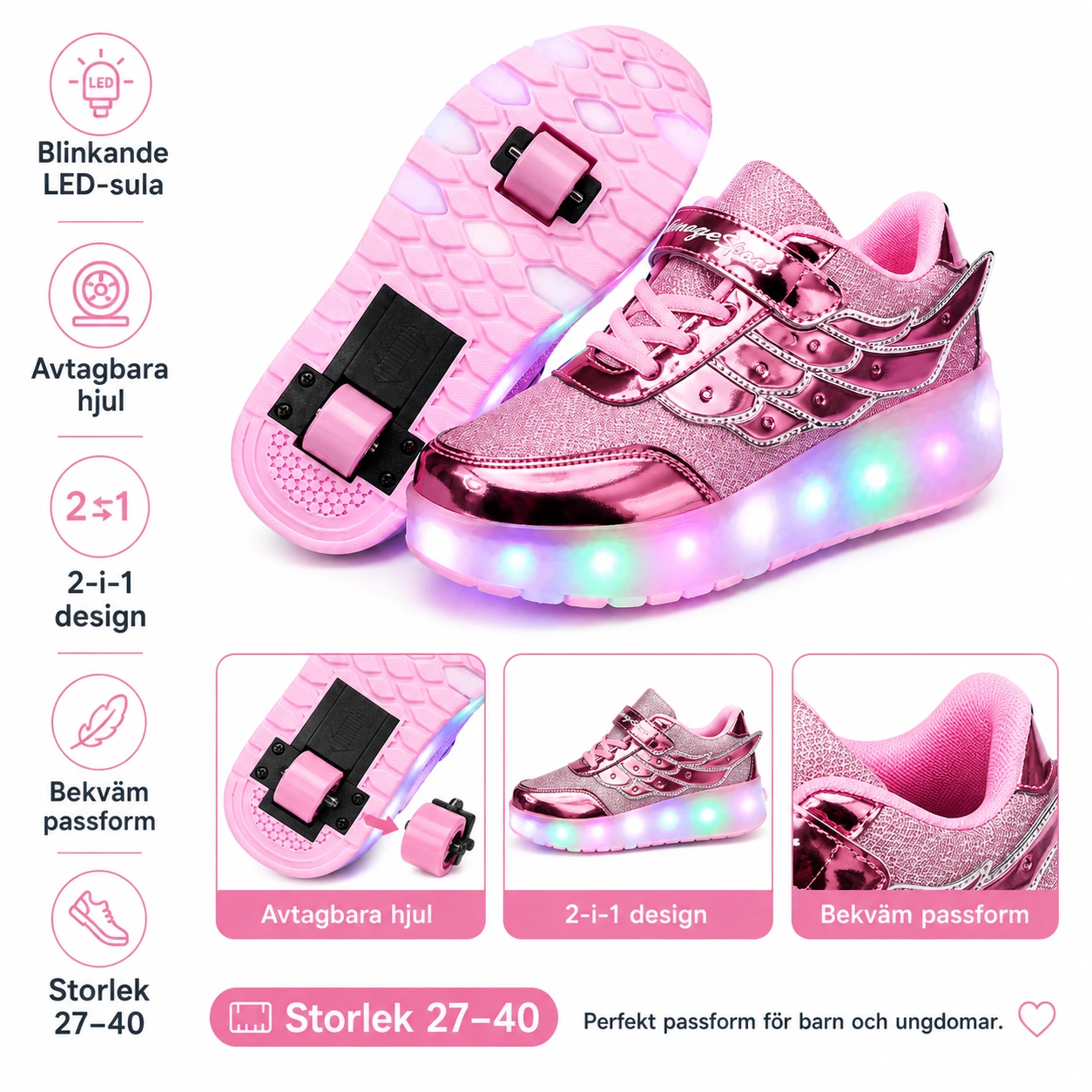 Rullskor Rosa med LED – Avtagbara Hjul