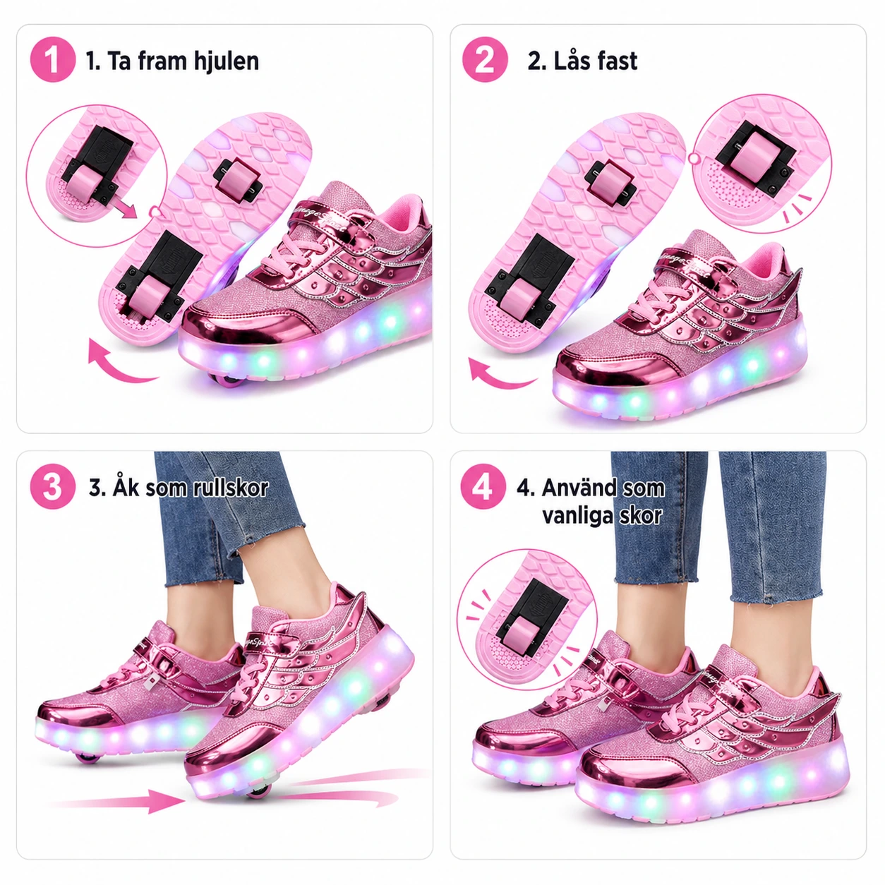 Rullskor Rosa med LED – Avtagbara Hjul