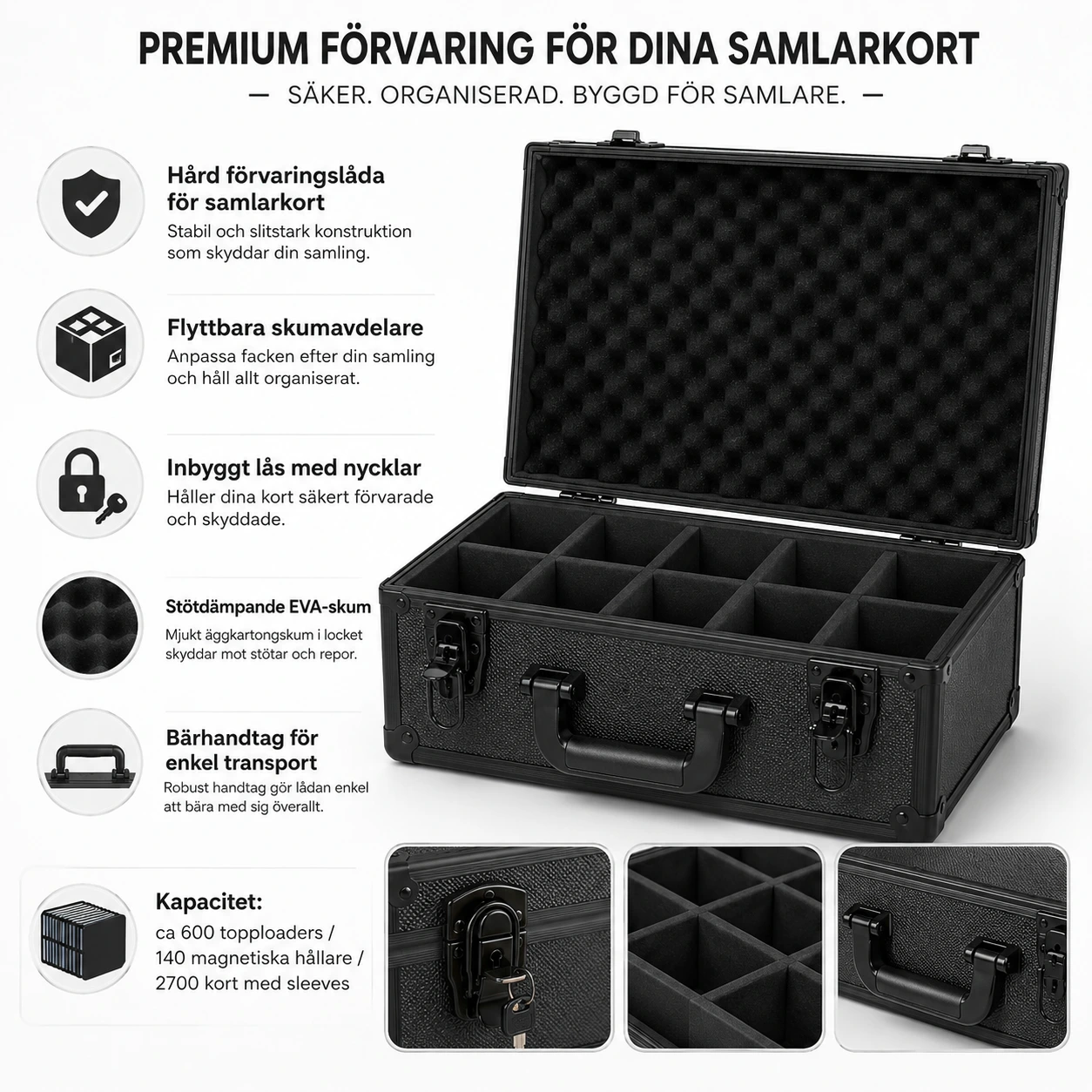 Kortförvaringslåda med lås och skumavdelare