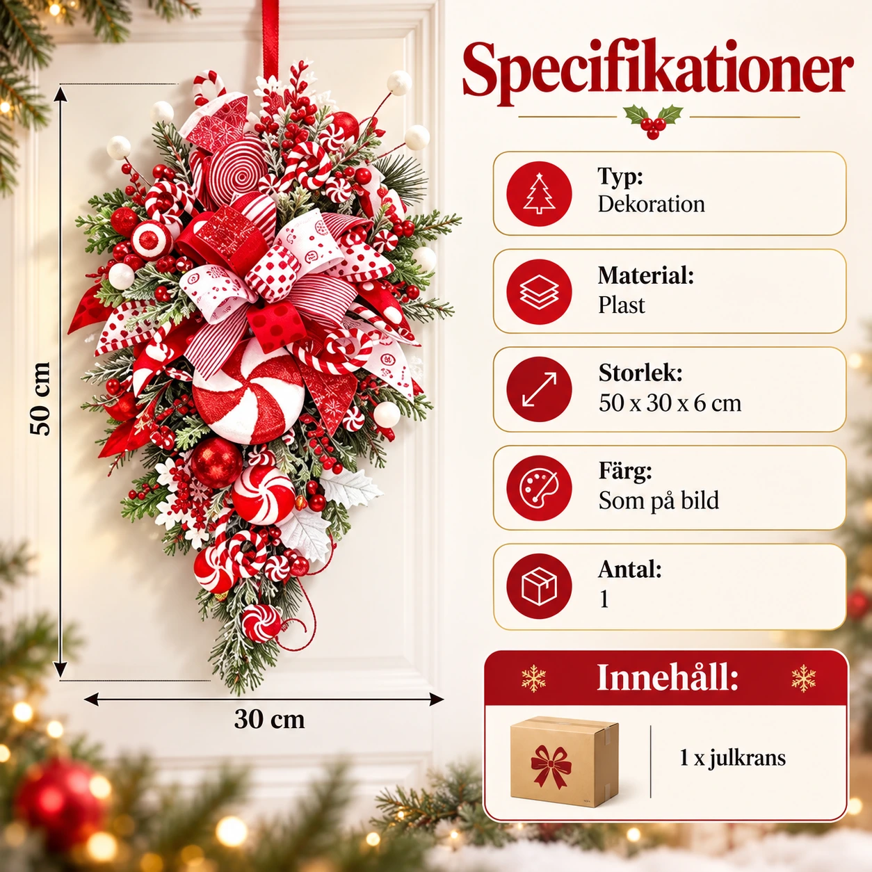 Godisinspirerad julkrans för dörr eller vägg 50 x 30 cm