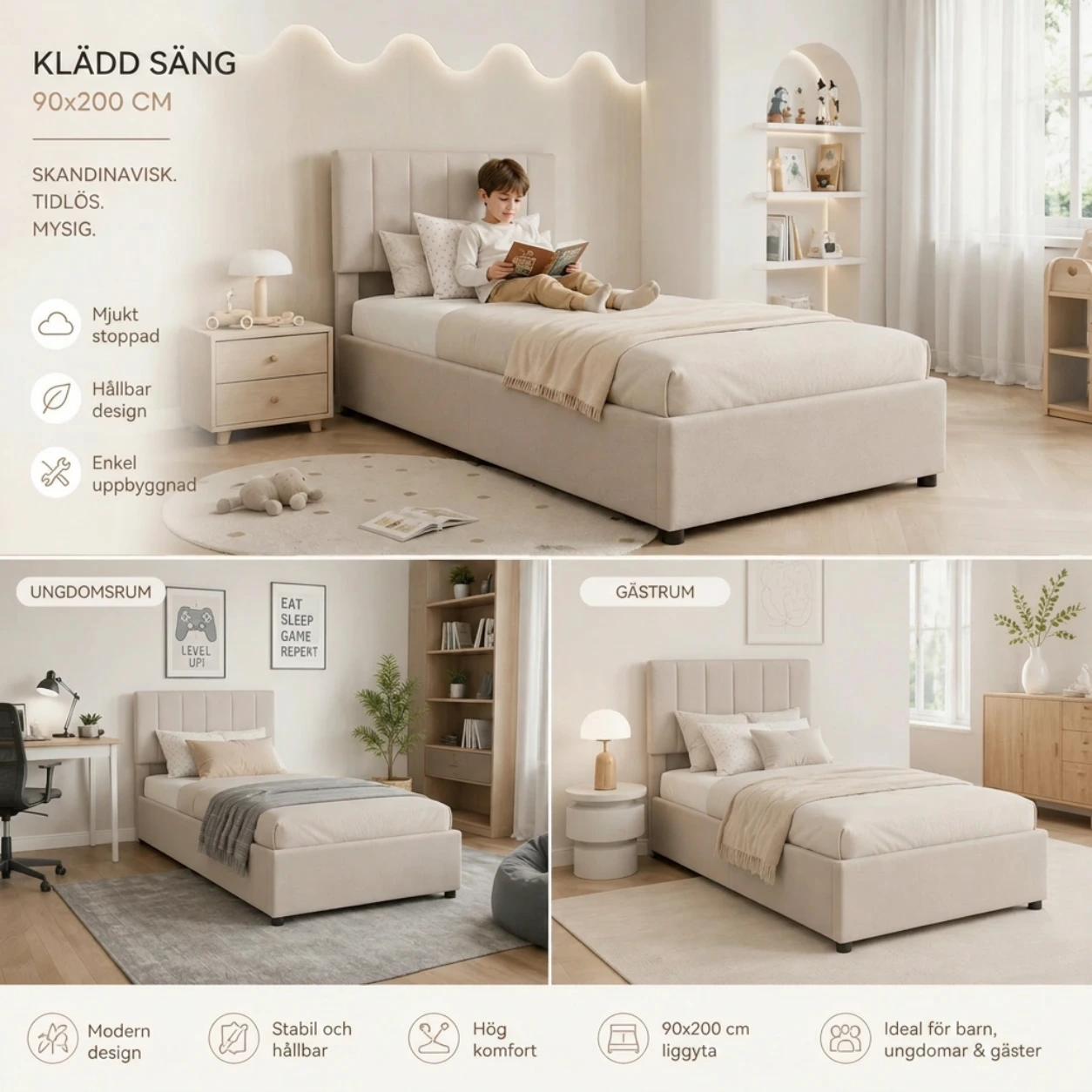 Barnsäng 90x200 med Förvaring Beige Linne