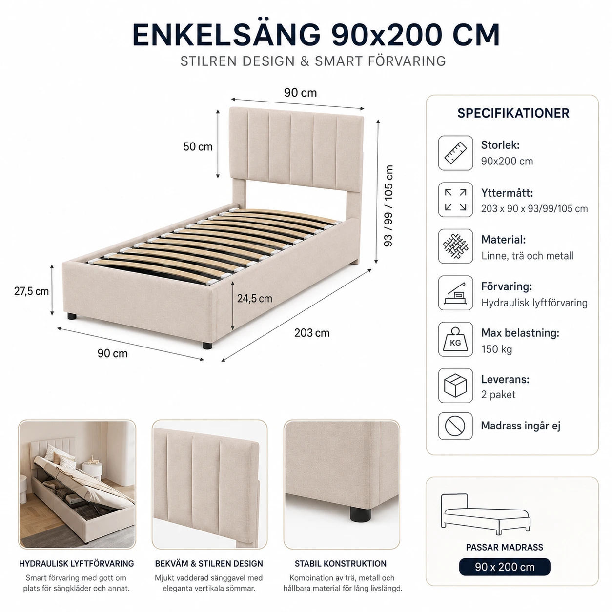 Barnsäng 90x200 med Förvaring Beige Linne
