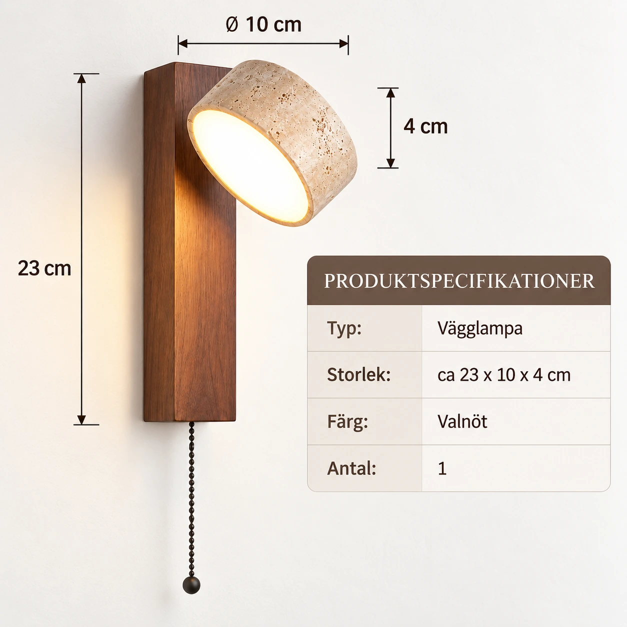 Vägglampa i trä för sovrum med vridbar skärm
