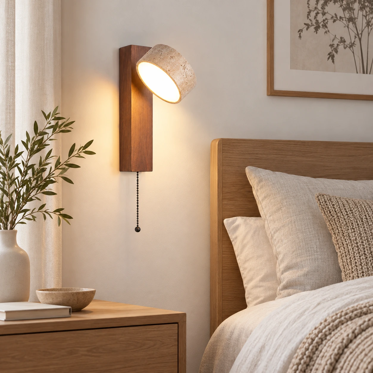 Vägglampa i trä för sovrum med vridbar skärm