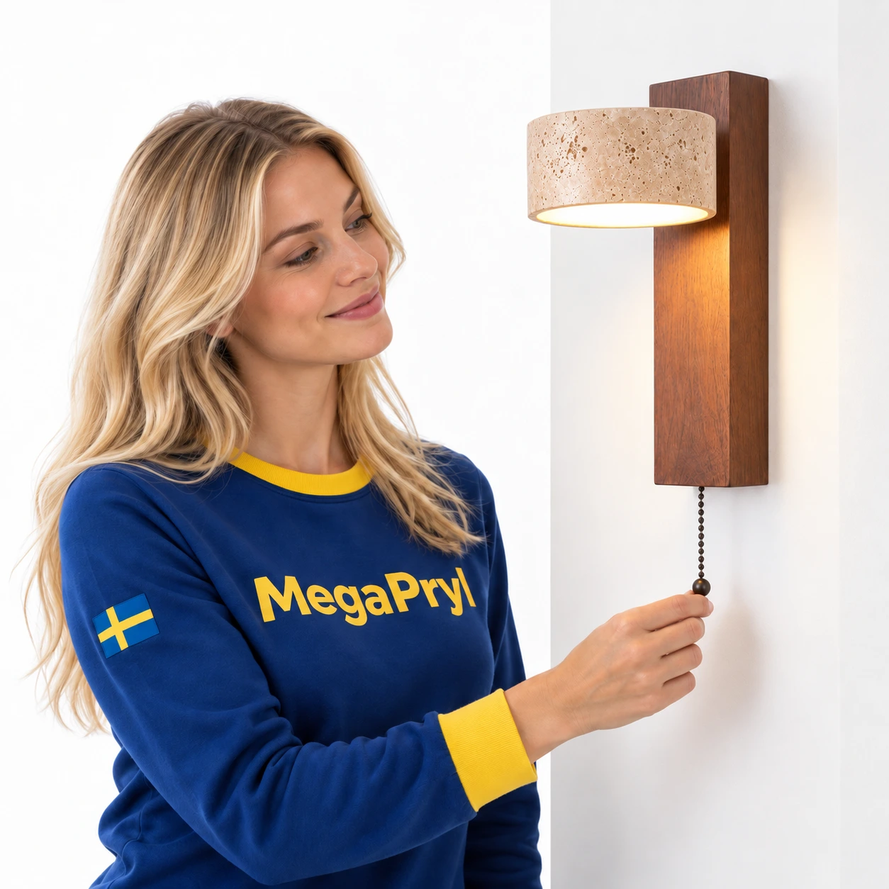 Vägglampa i trä för sovrum med vridbar skärm