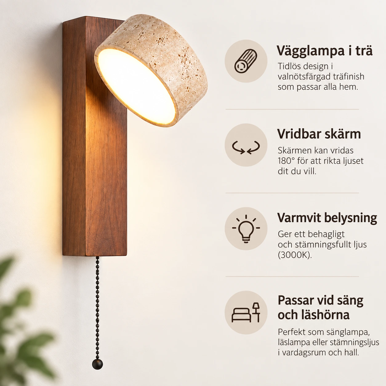 Vägglampa i trä för sovrum med vridbar skärm