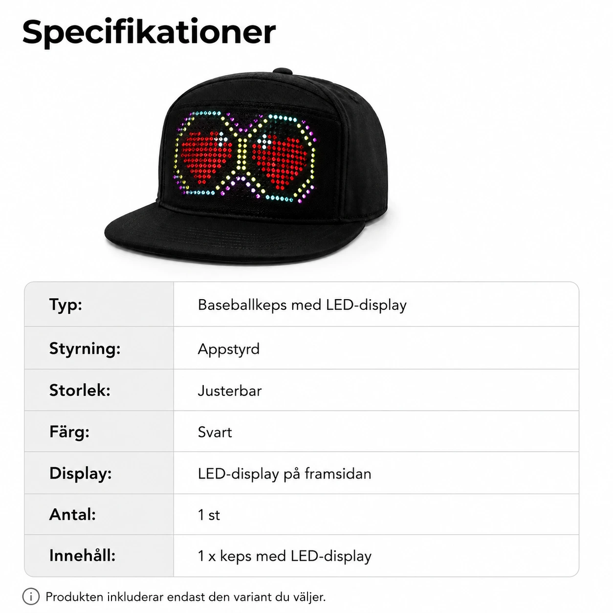 LED-keps med appstyrd display och justerbar storlek
