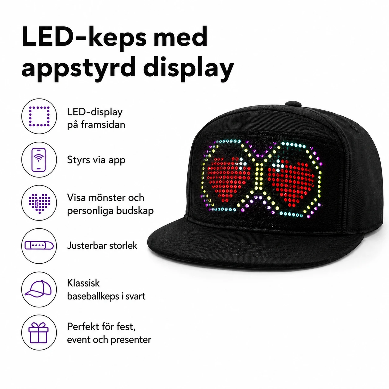 LED-keps med appstyrd display och justerbar storlek