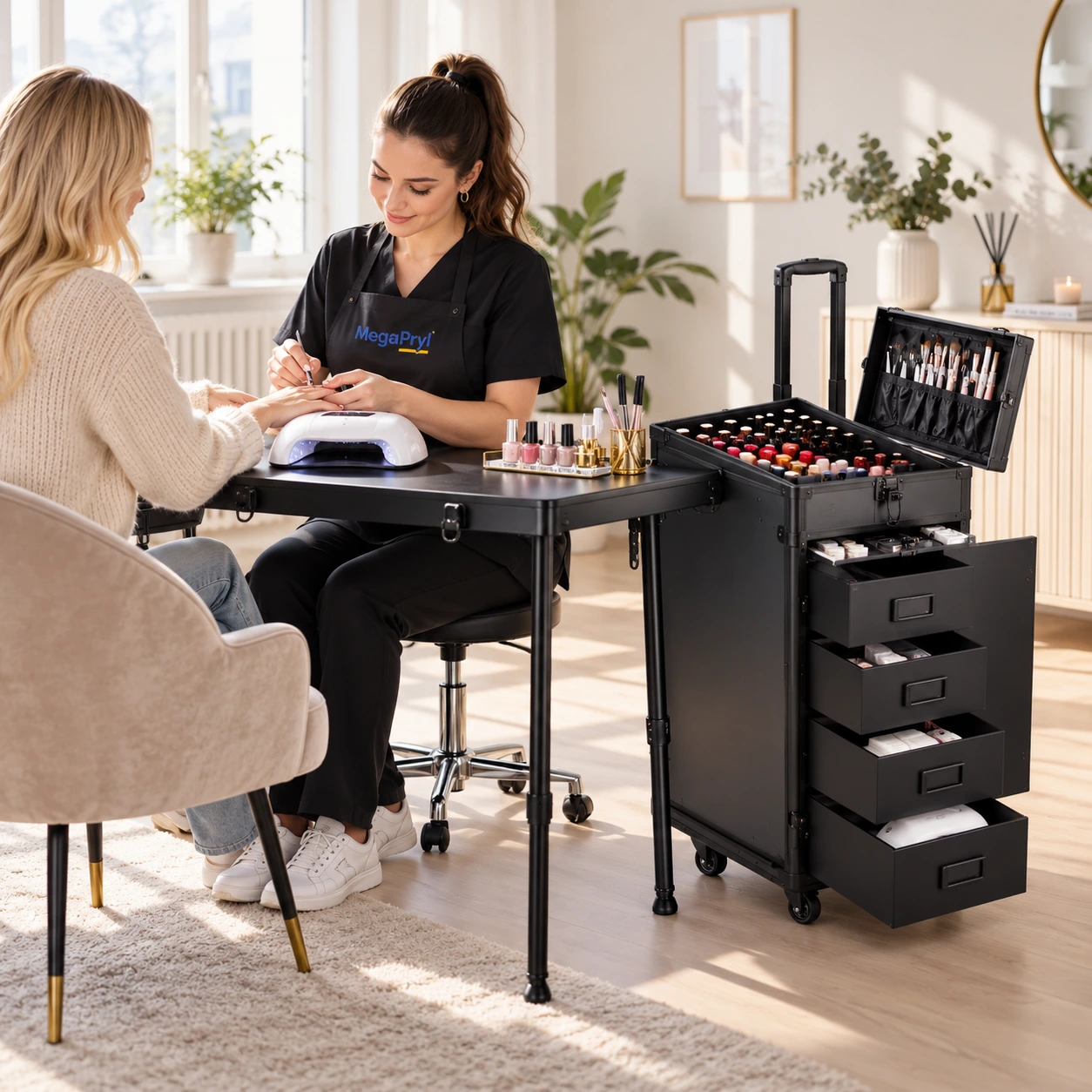 Mobilt nagelbord med förvaring och justerbar höjd