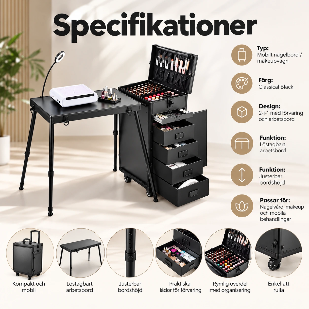 Mobilt nagelbord med förvaring och justerbar höjd