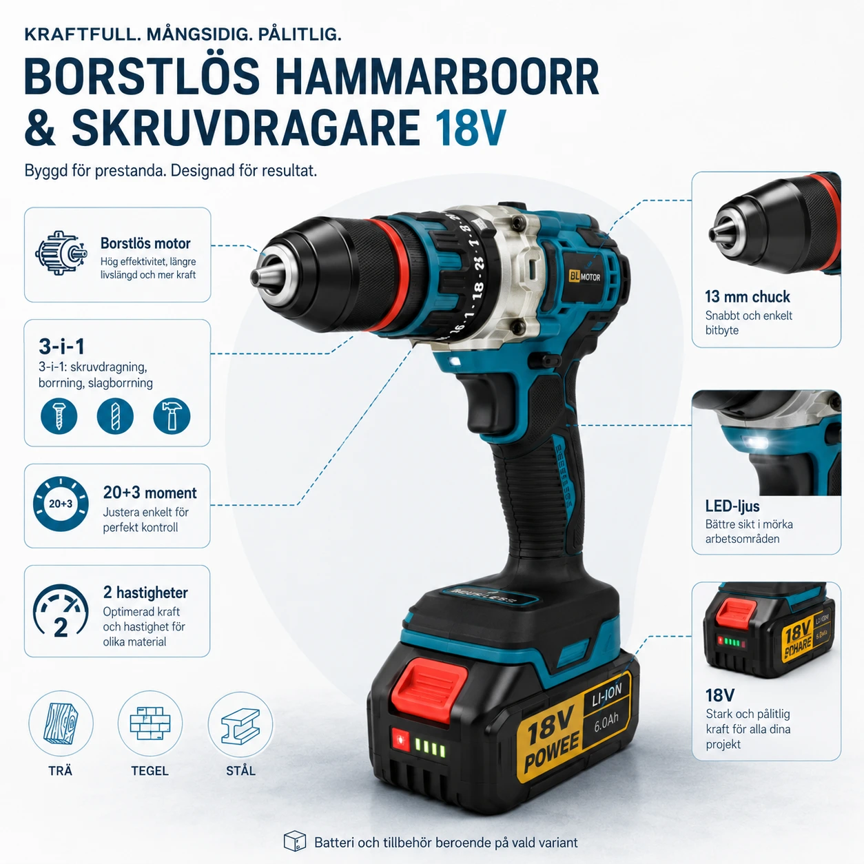 Slagborrmaskin & Skruvdragare Borstlös  3-i-1 - 4000 rpm