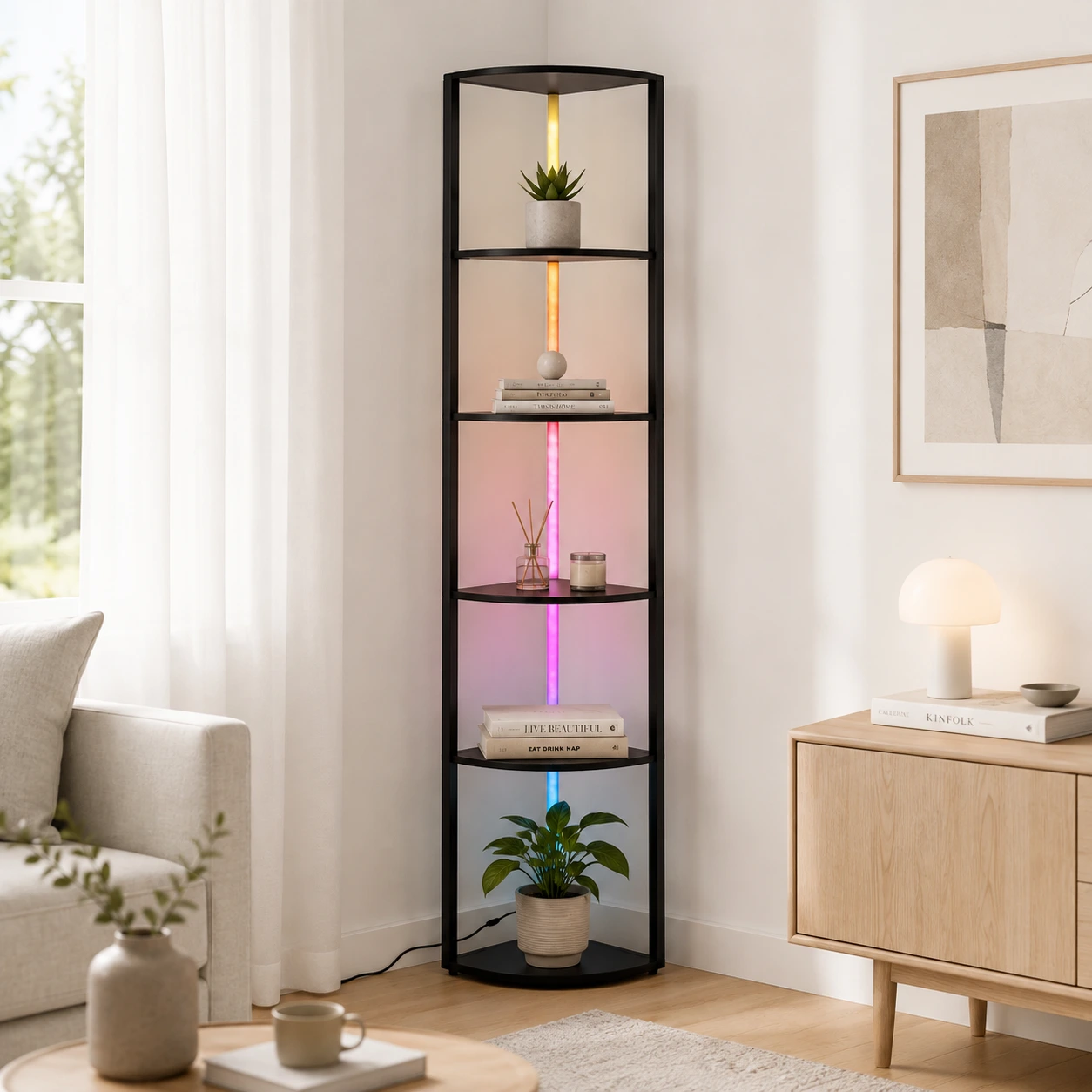 Hörnhylla med LED-belysning och fjärrkontroll, 5 nivåer