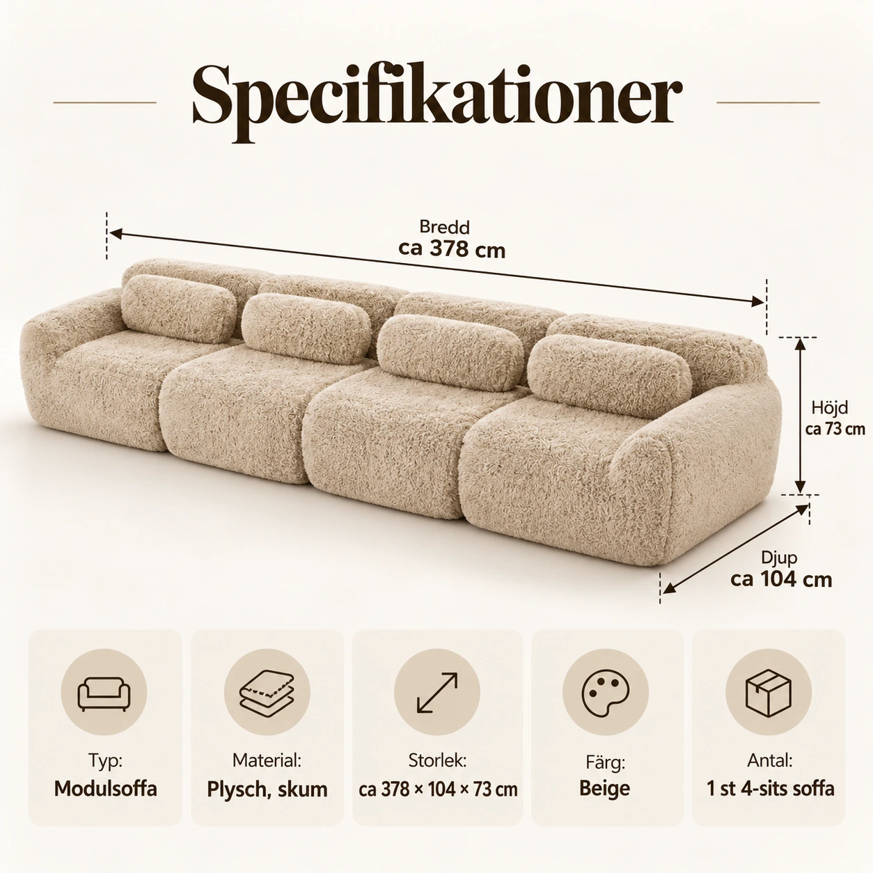 Modulsoffa 4-sits för vardagsrum med plyschklädsel