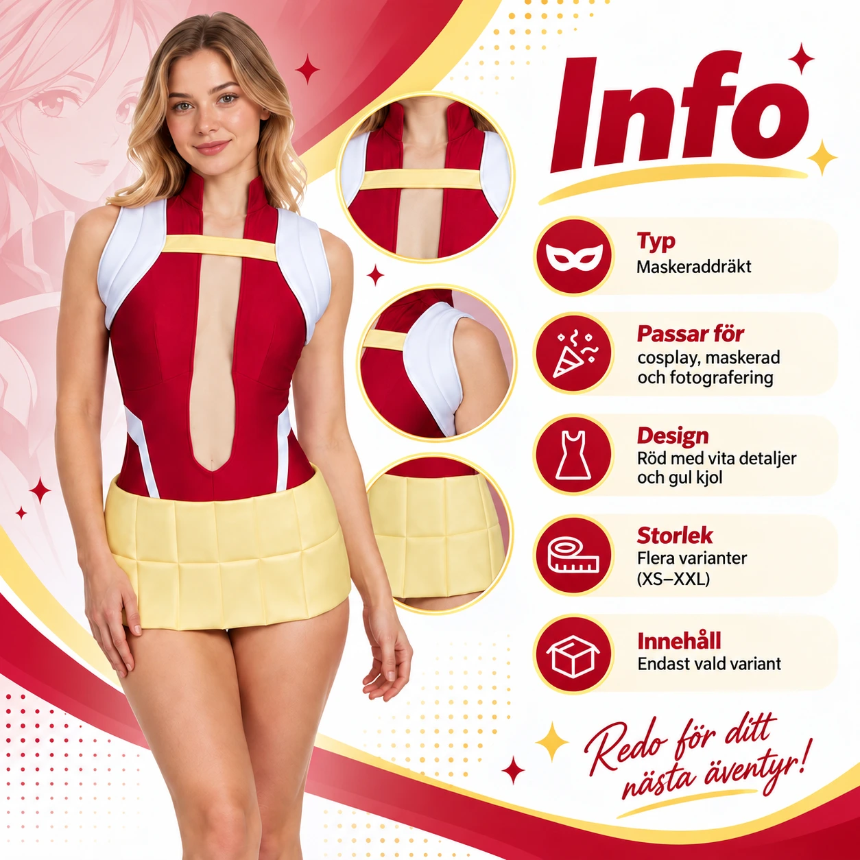 Punainen cosplayasu valkoisilla hartiayksityiskohdilla