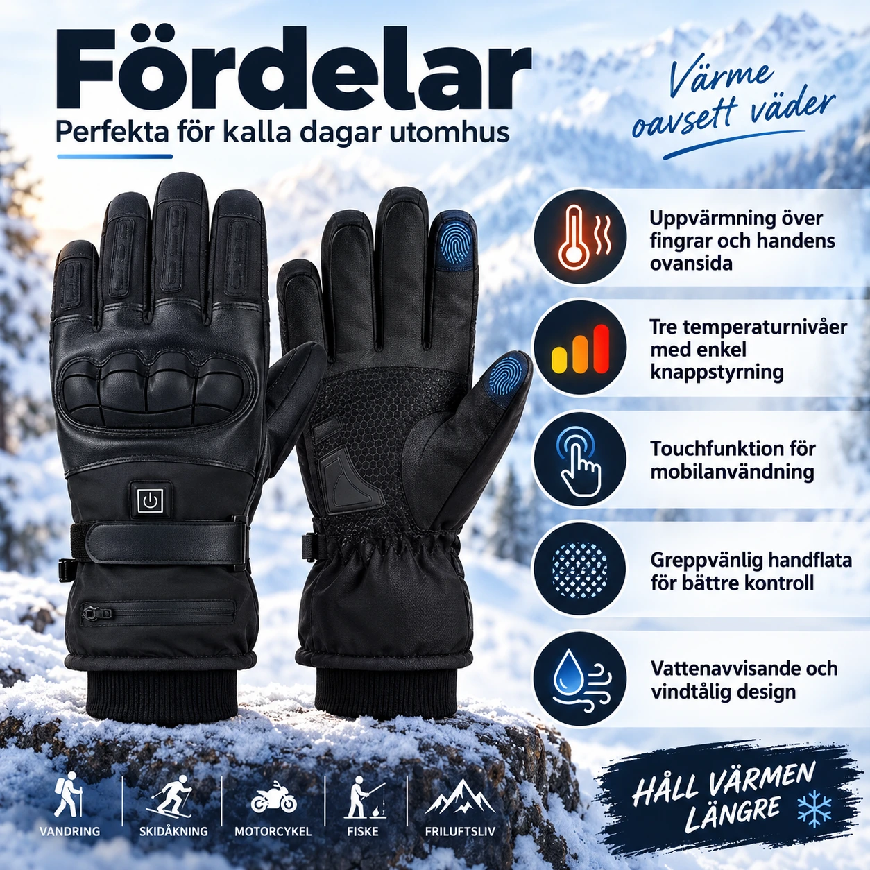 Uppvärmda vinterhandskar med touchfunktion och tre värmelägen