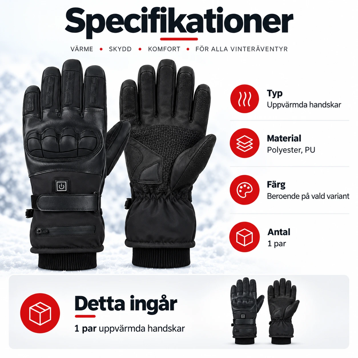 Uppvärmda vinterhandskar med touchfunktion och tre värmelägen