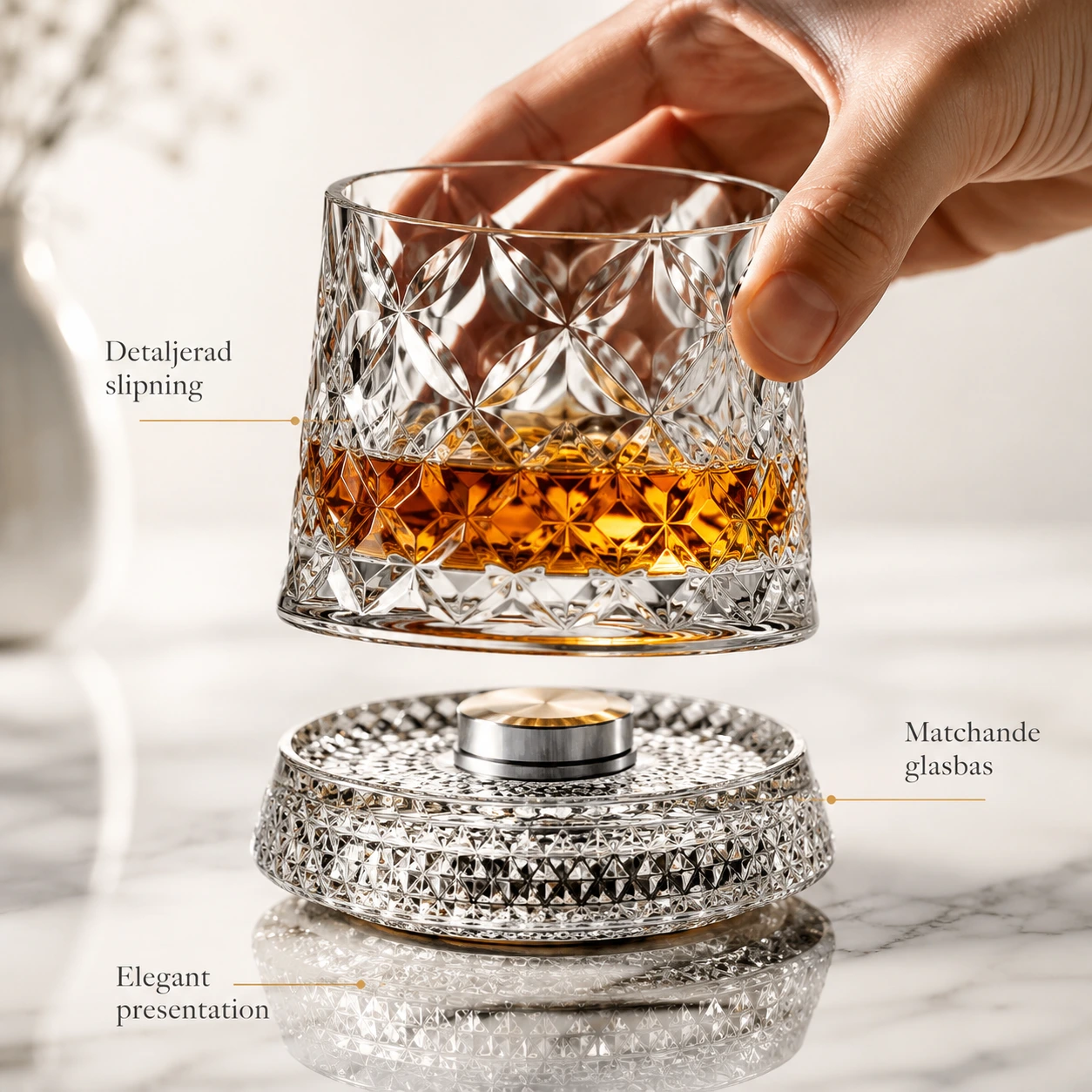 Roterande whiskyglas med glasbas
