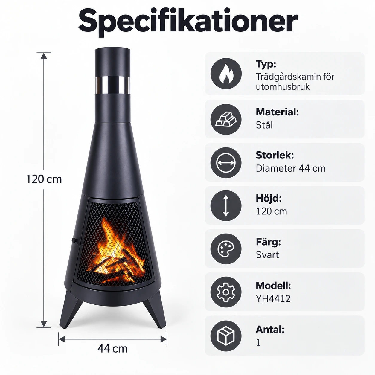 Trädgårdskamin för utomhusbruk i stål, 120 cm