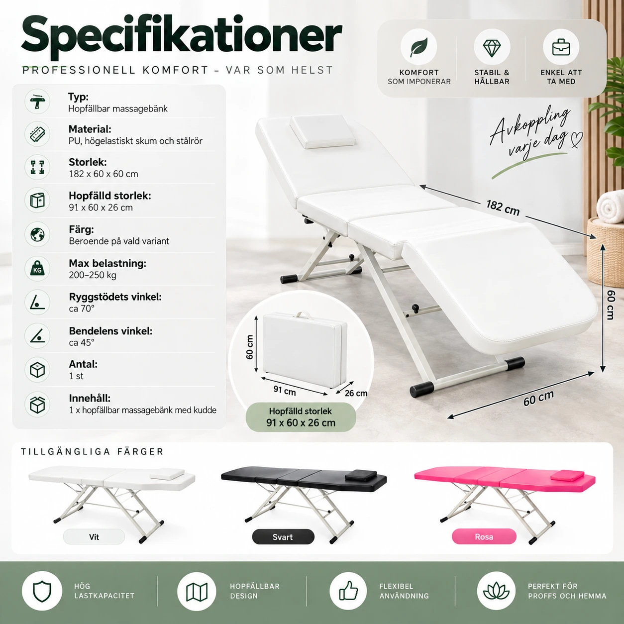 Hopfällbar massagebänk med kudde