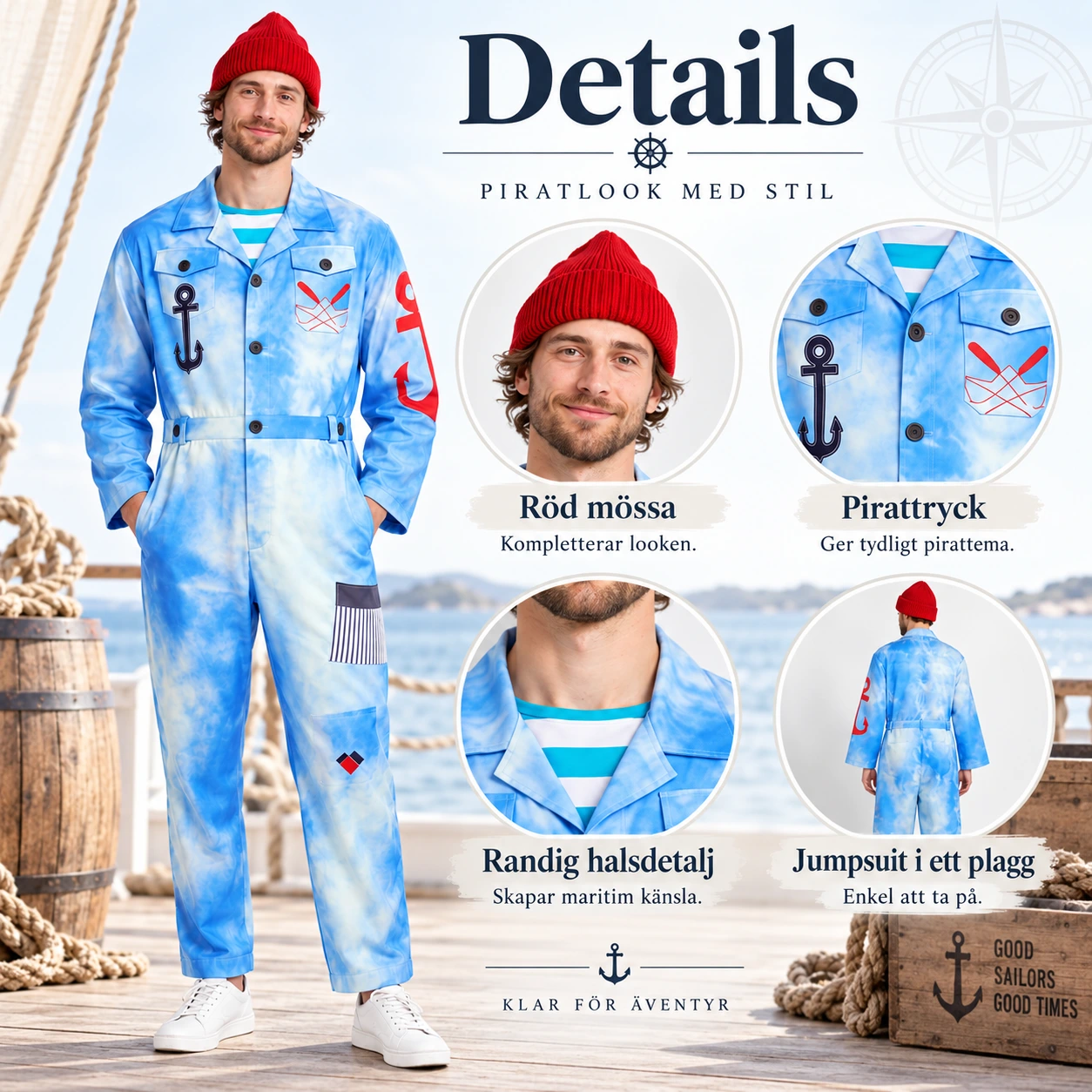 Blåmönstrad Arbetaroverall med Randig Skjorta och Röd Mössa