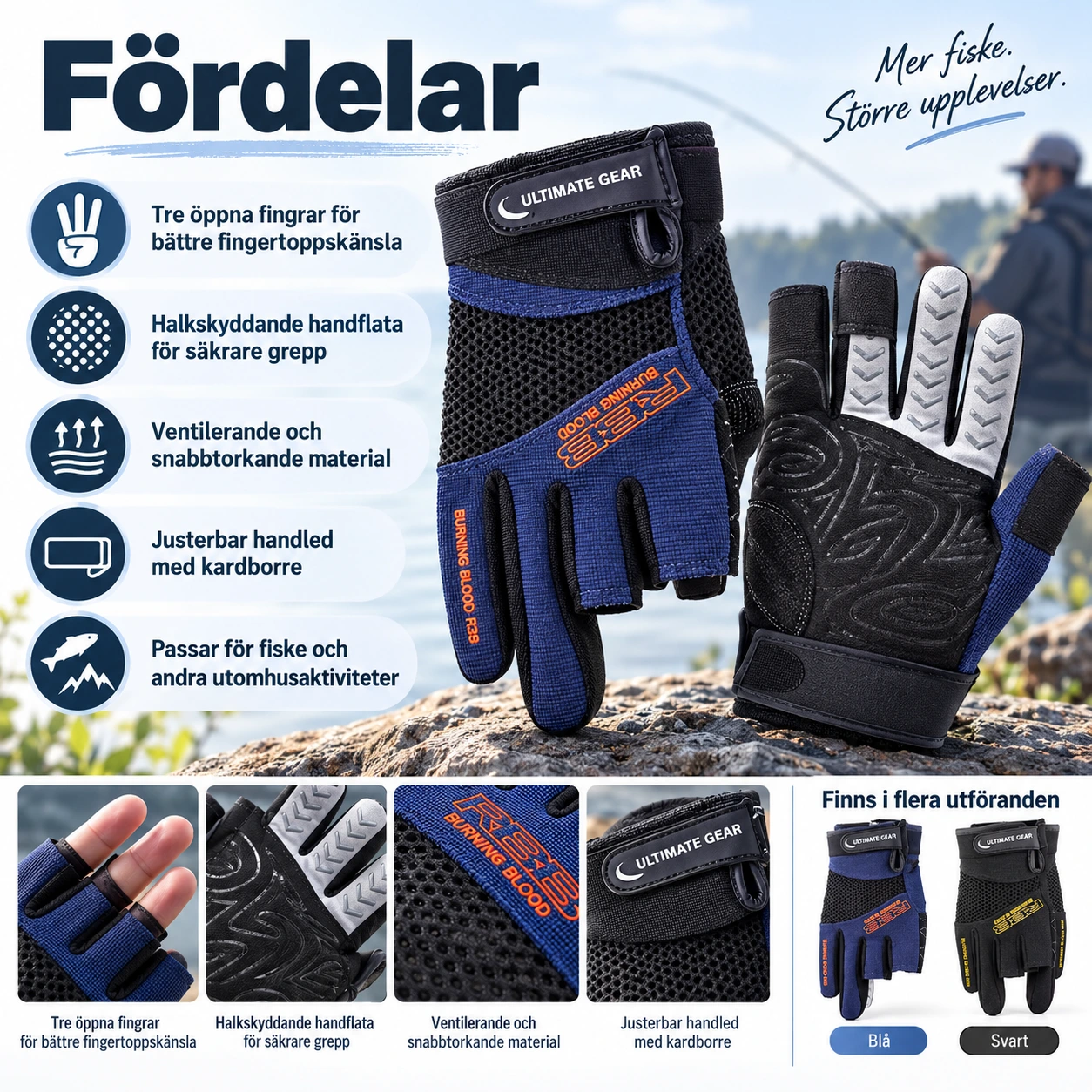 Fiskehandskar med tre öppna fingrar och halkskydd