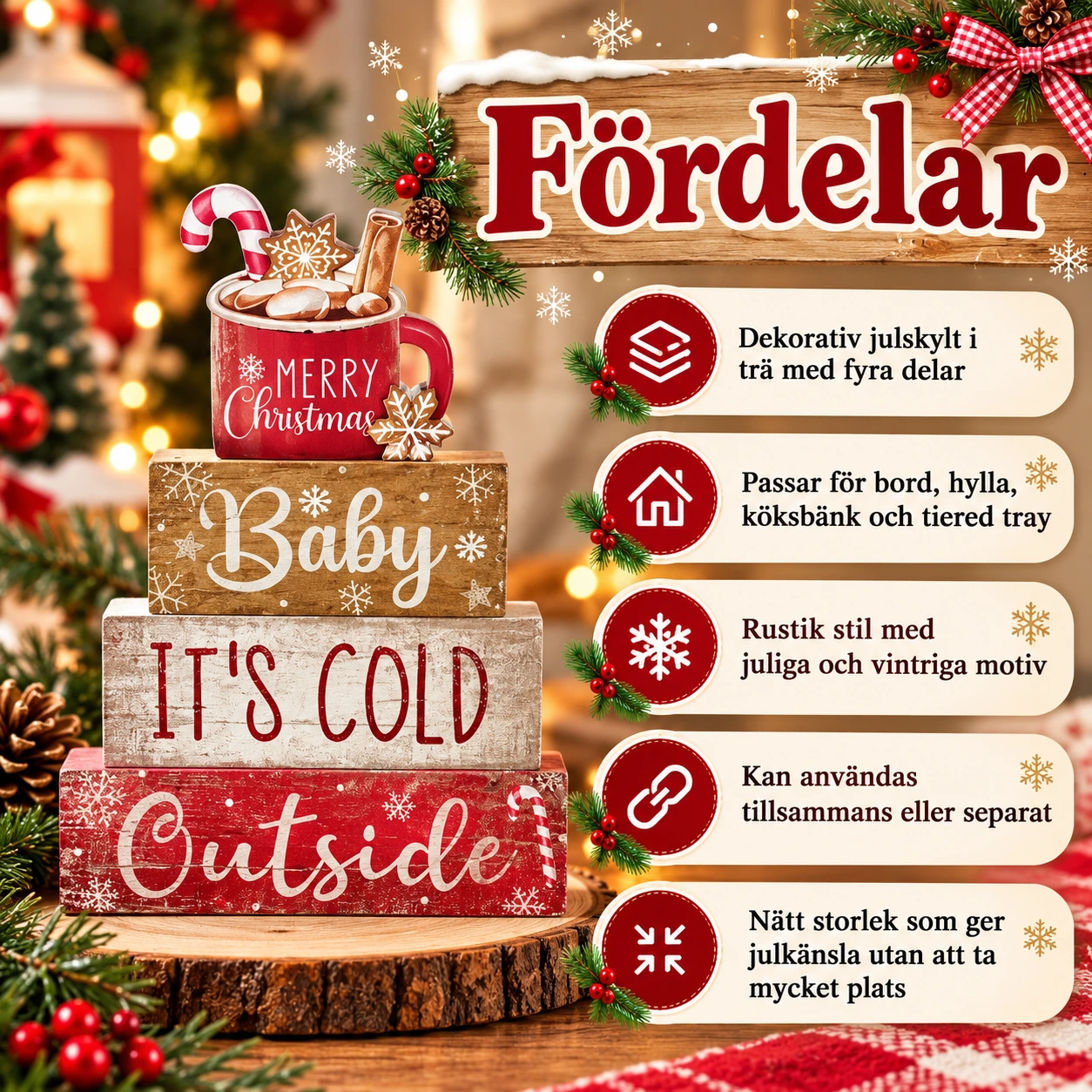 Julskylt i trä för bord och tiered tray, 4 delar