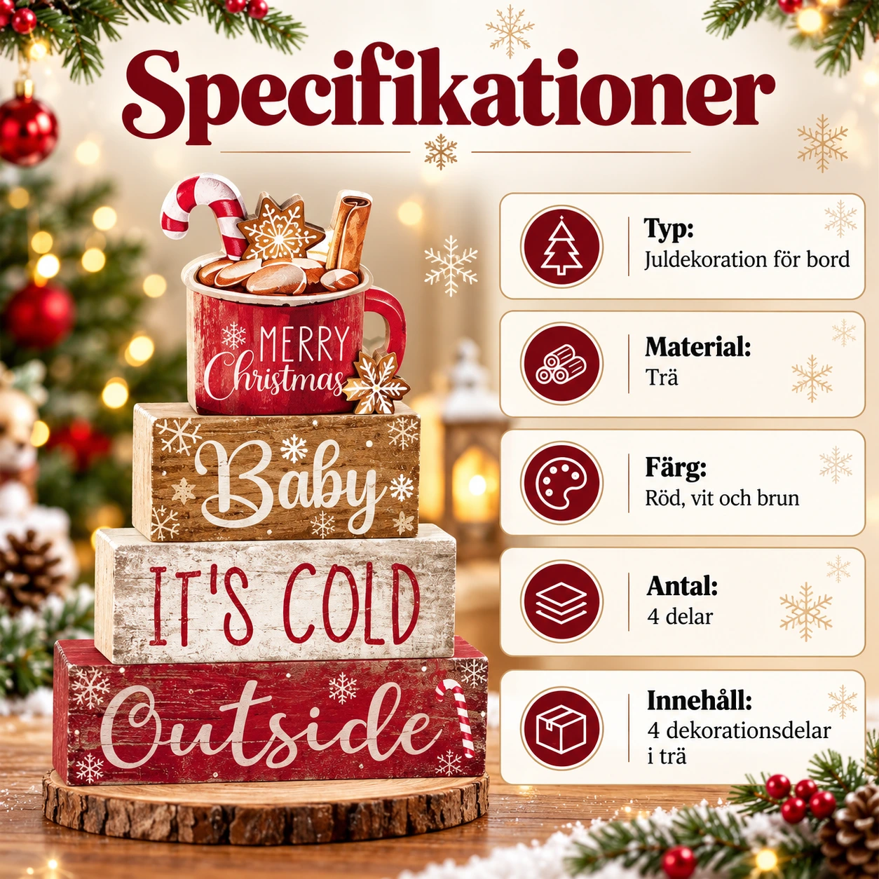 Julskylt i trä för bord och tiered tray, 4 delar