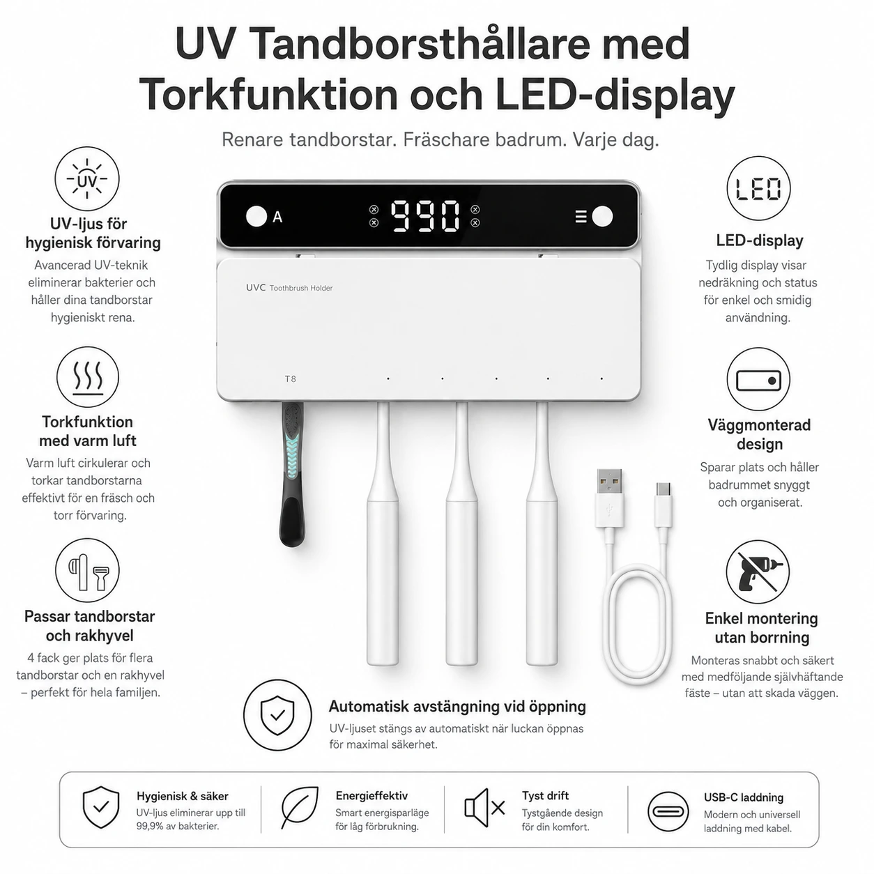 UV Tandborsthållare med Torkfunktion och LED-display