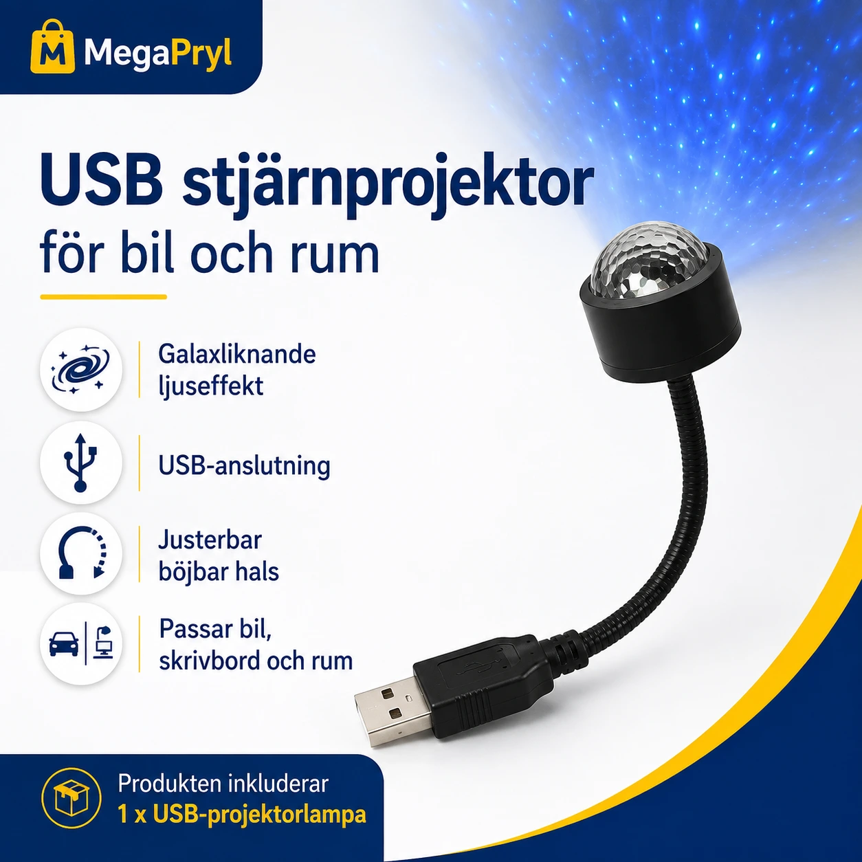 USB stjärnprojektor för bil och rum med justerbar hals