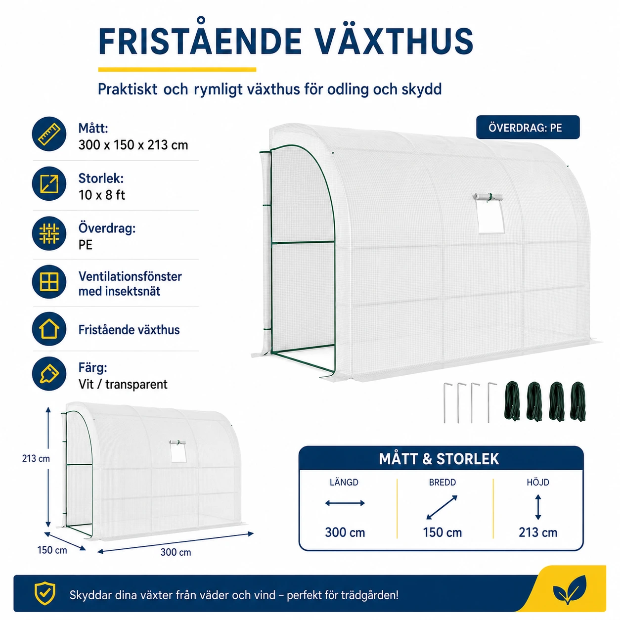 Växthus 300 x 150 x 213 cm med PE-överdrag
