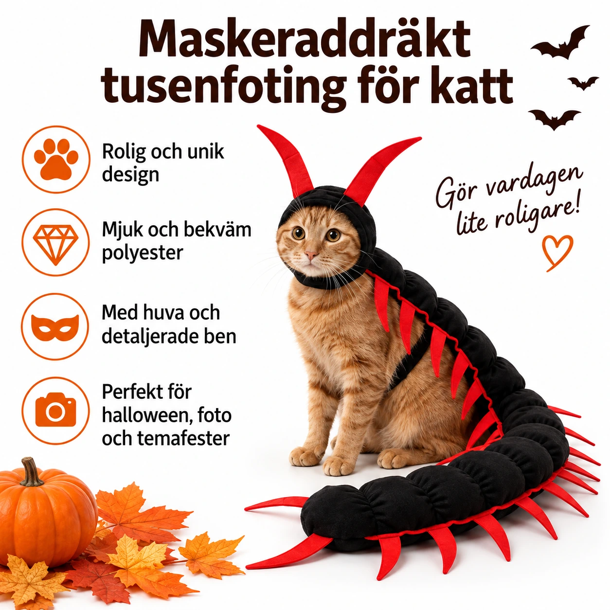 Kissan tuhatjalkainen-asu polyesteristä hupulla