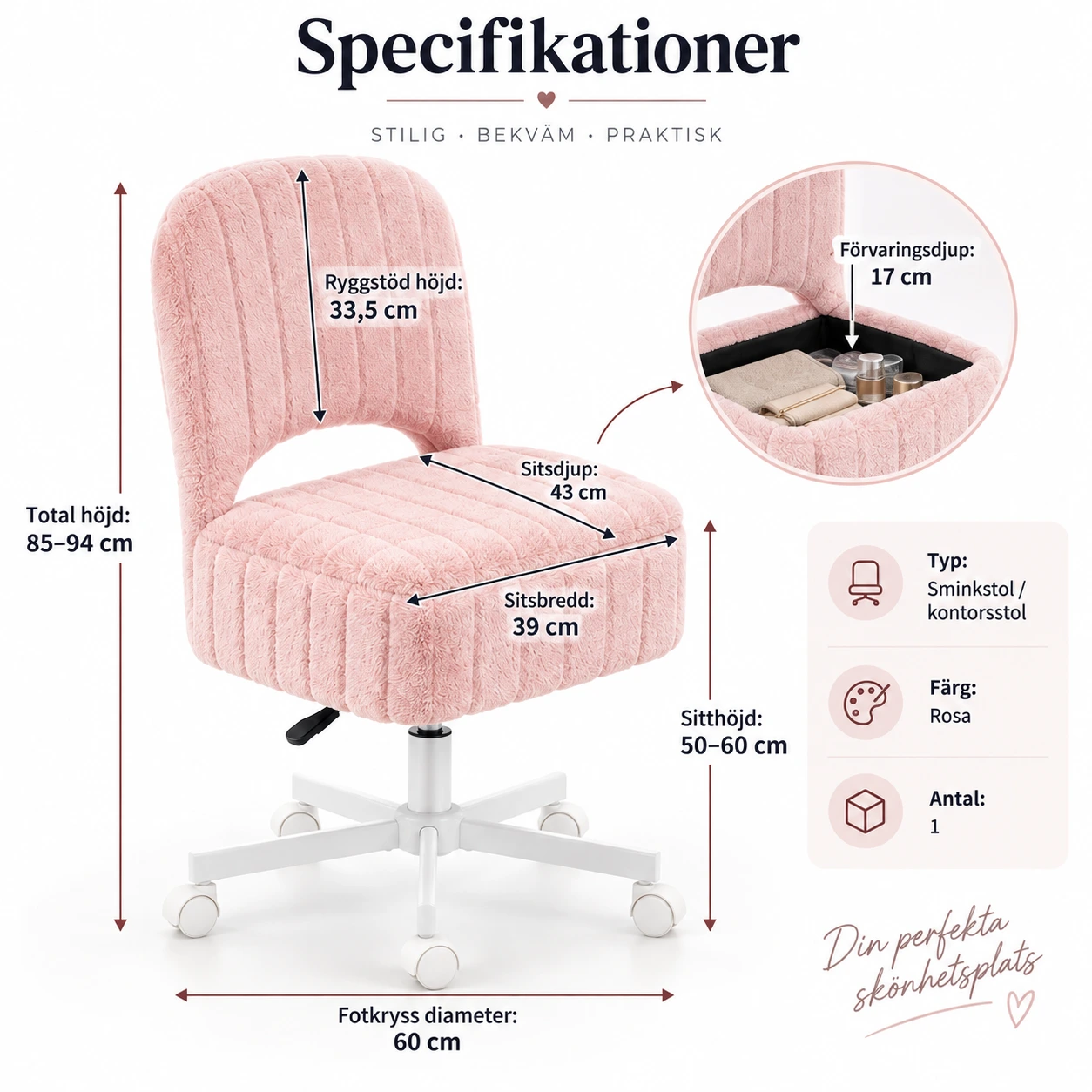 Sminkstol med förvaring och justerbar höjd