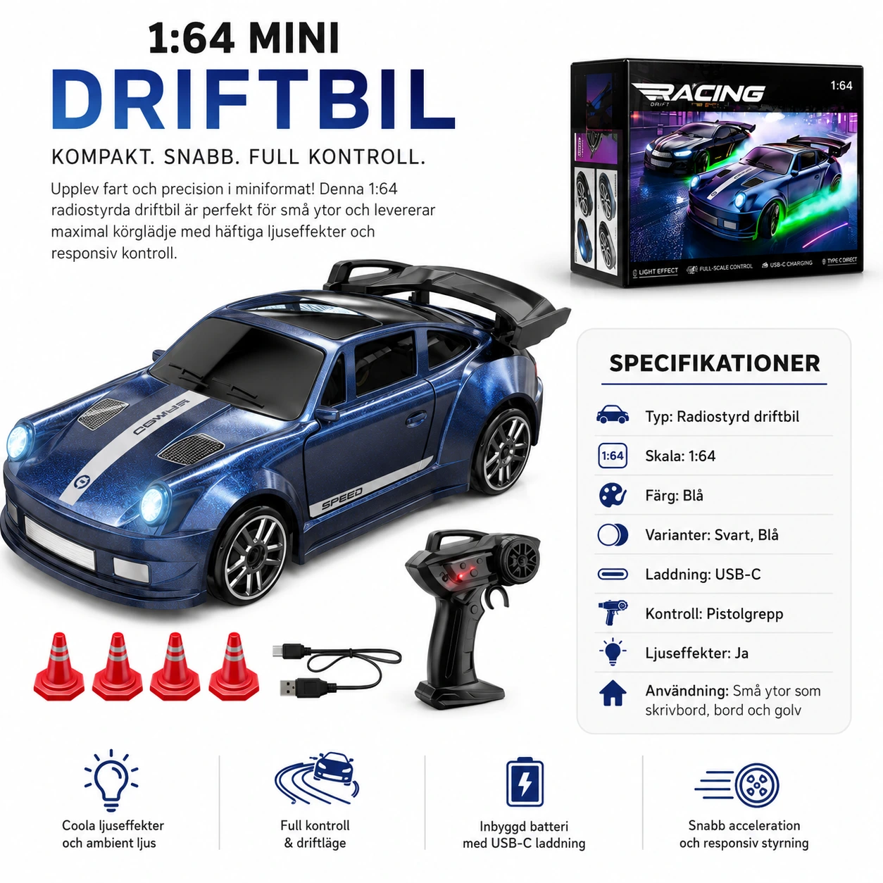Mini radiostyrd driftbil i skala 1:64