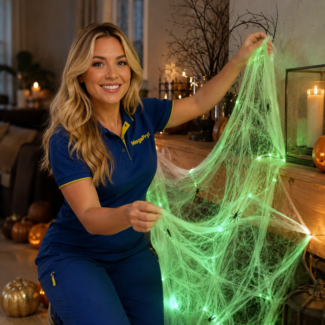 Självlysande spindelnät för halloween