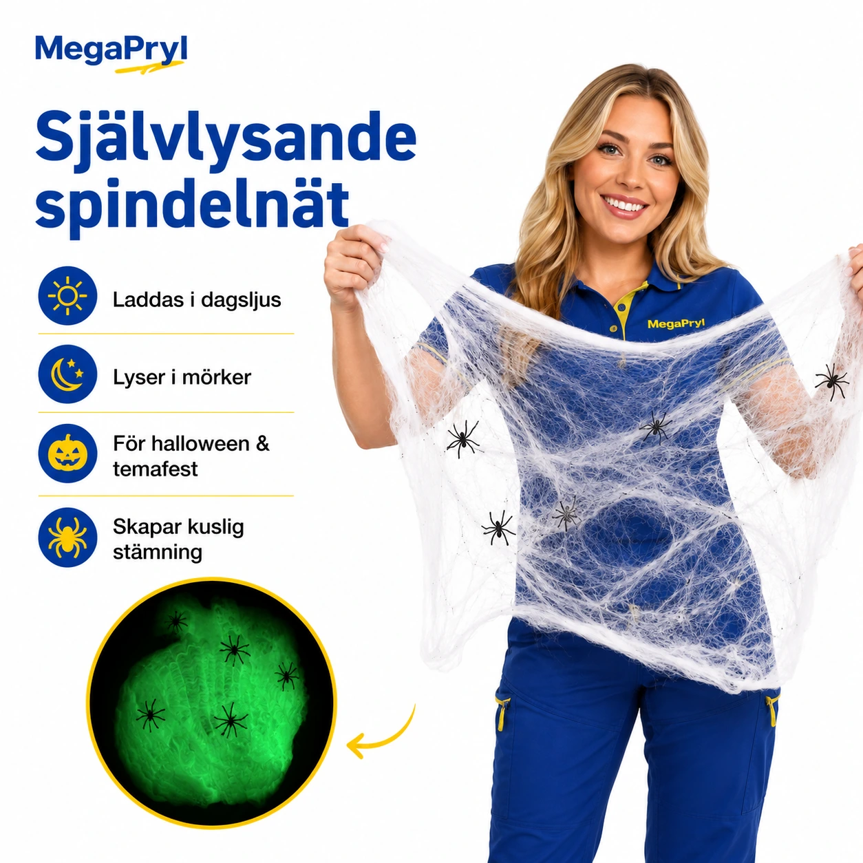 Självlysande spindelnät för halloween