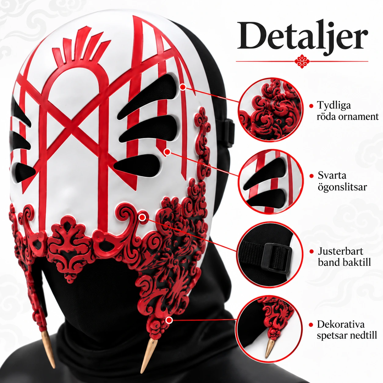 Vit och Röd Ockult Ansiktsmask med Detaljer