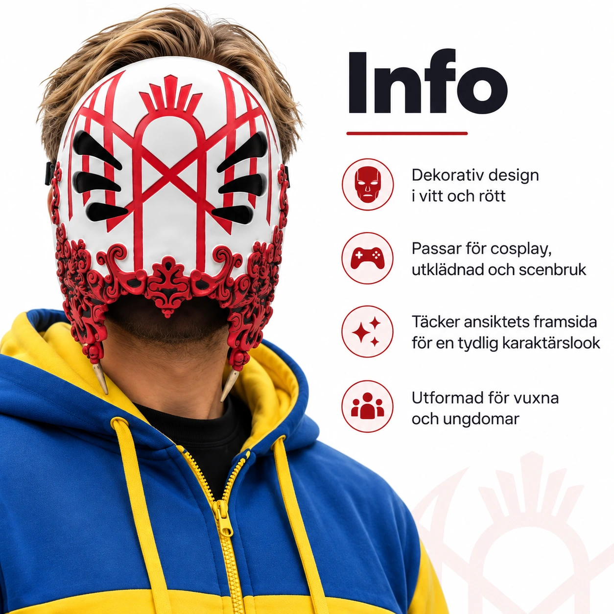 Vit och Röd Ockult Ansiktsmask med Detaljer