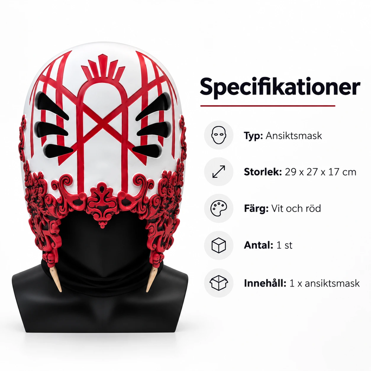 Vit och Röd Ockult Ansiktsmask med Detaljer