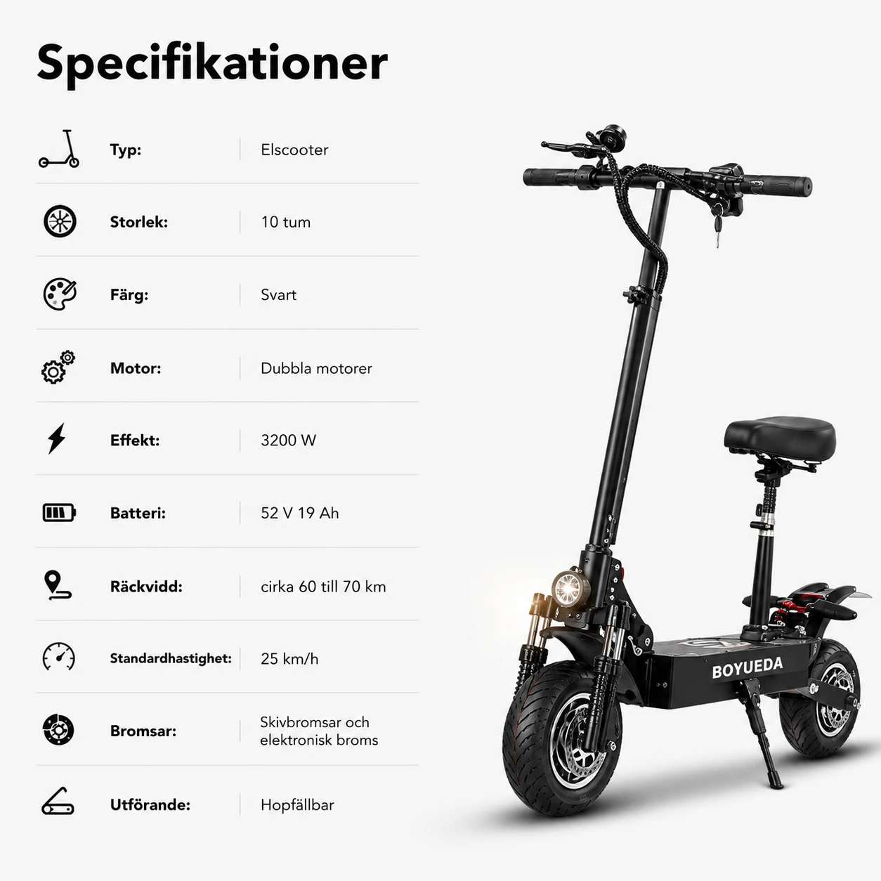 Elscooter med dubbla motorer 3200W, 10 tum och sadel