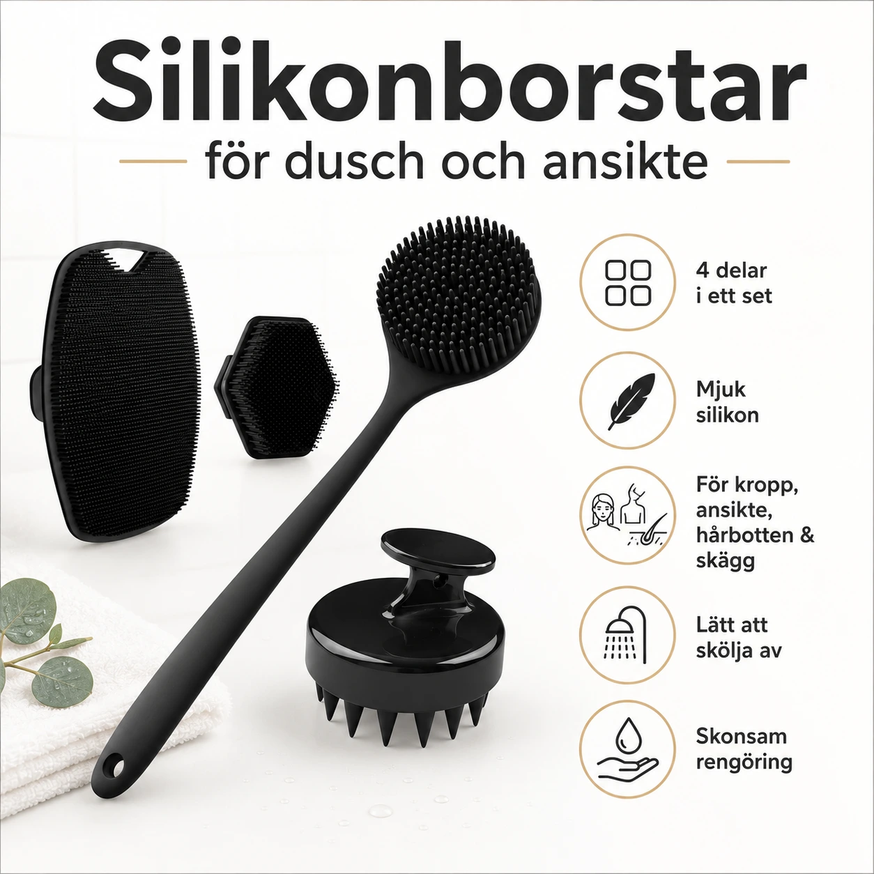 Silikonborstar för dusch och ansikte, 4 delar