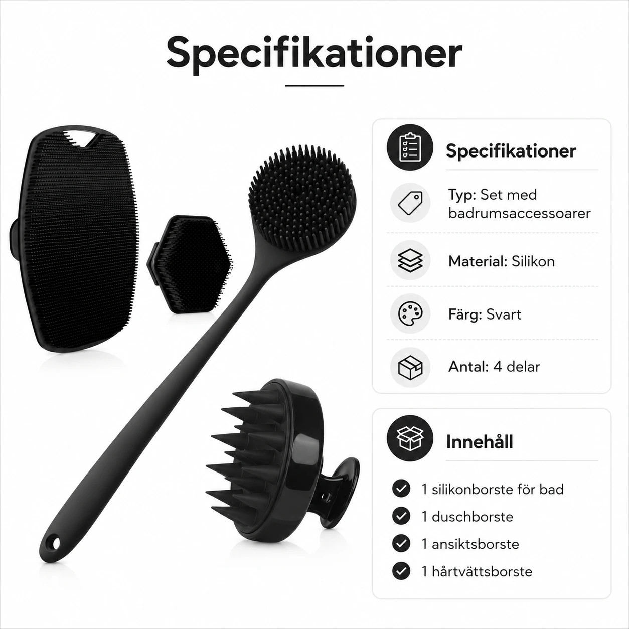 Silikonborstar för dusch och ansikte, 4 delar