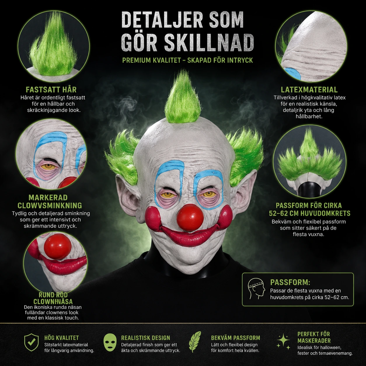 Clownmask i latex för halloween och maskerad