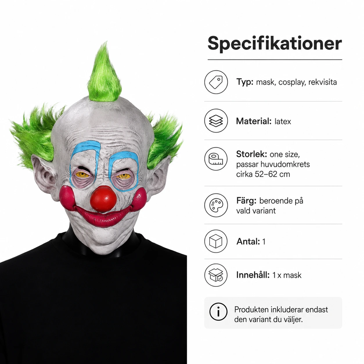 Clownmask i latex för halloween och maskerad