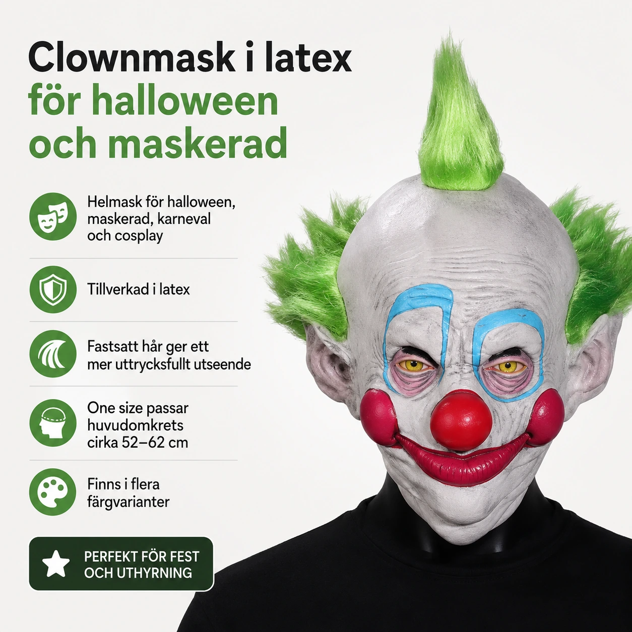 Clownmask i latex för halloween och maskerad