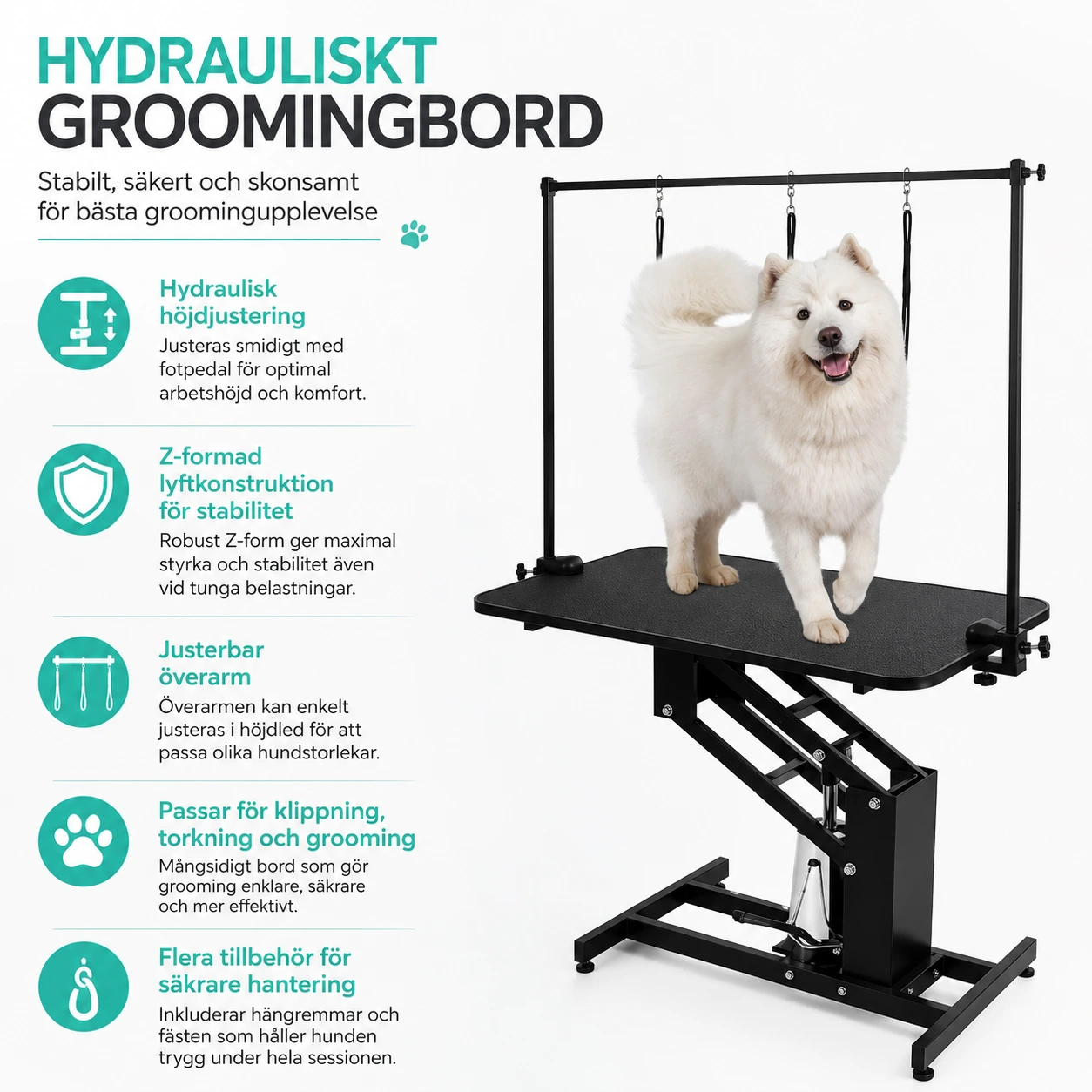 Hydrauliskt hundtrimbord med justerbar arm